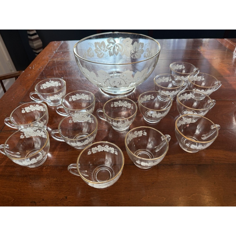 Vintage Anchor Hocking White Grape Leaf Punch Bowl Set 14 Cups‎ Gold Trim MCM